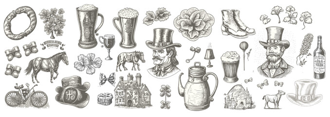 Hand drawn leprechaun hat. Patricks day concept. Irish holiday symbols set sketch. Vector illustration