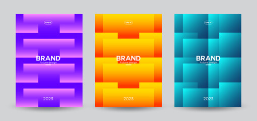 Set of three modern design templates. Creative glowing covers with squares for banners, posters, brochures, flyers, and page layouts other. Vector, 2022-2023