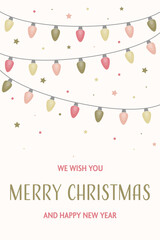 Christmas greeting card. Hanging hand drawn ornaments. Vector illustration