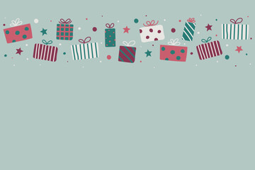 Concept of a Christmas background with hand drawn gift boxes. Vector