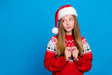 Photo of cute adorable lady fingers touch look empty space waiting season shopping sale choose gifts isolated on blue color background