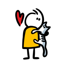 Funny couple of human and cat hugging togeether in love.