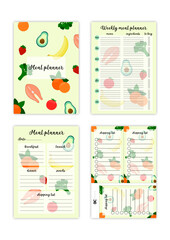 Naklejka premium Meal planner book. Vector set of printable pages. Blank templates of weekly and daily cooking plan and shopping lists. Illustrations with food on background