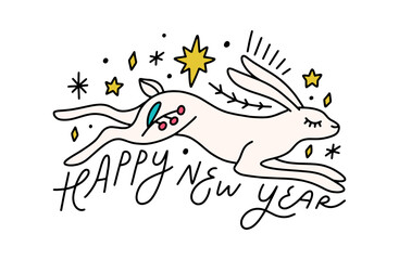 Chinese New Year zodiac cute beautiful running rabbit concept. Hand drawn adorable Noel baby hare ornate floral lettering Noel calligraphy illustration isolated on white background. Vector clipart
