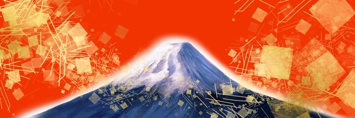 お正月初日の出と美しい日本の富士山の風景画ワイドサイズイラストと日本画風金箔