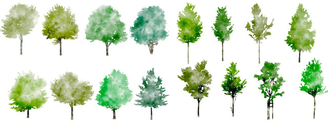 Vector set of watercolor style architectural hand drawn rough tree illustrations