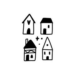 Cute little doodle cartoon houses set building flat vector clipart hand drawn illustration isolated on white background.