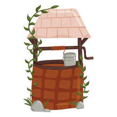 Stone well with rope, bucket, roof and green creeper