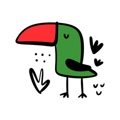 Green toucan hand drawn flat doodle vector illustration in Scandinavian style. Cute cartoon african exotic animal bird. Funny groovy tropical character with floral elements on white background