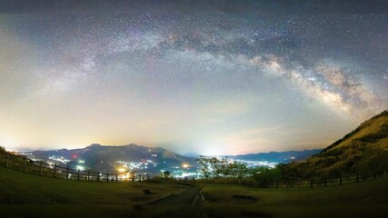 阿蘇市街の夜景と天の川