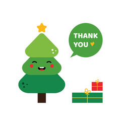 Cute smiling christmas trees character with gifts saying thank you, showing appreciation, gratitude.