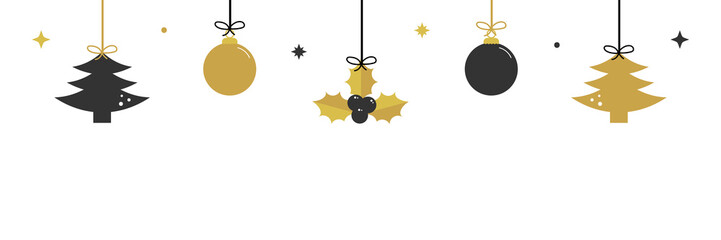 Wide horizontal vector illustration, banner, header for winter holidays design with black and gold christmas trees, christmas ornaments and mistletoe hanging on ropes.
