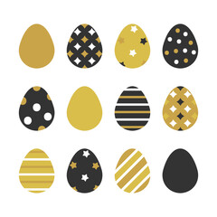 Set, collection of black and gold decorated easter eggs with dots, stripe ornaments.