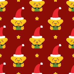 Cute cartoon style star character celebrating Christmas, wearing Santa hat, holding gift vector seamless pattern background.
