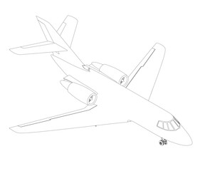 Fototapeta na wymiar Outline of a passenger plane from black lines isolated on a white background. Isometric view. 3D. Vector illustration.
