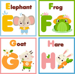 Kids Zoo english alphabet set. Children animals alphabet form letters E to H. Cute elephant, frog, goat and hare educational cards for elementary school - 545925877