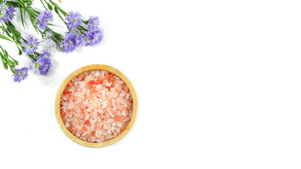 Pink organic himalaya salt on white background, Spa and wellness concept.