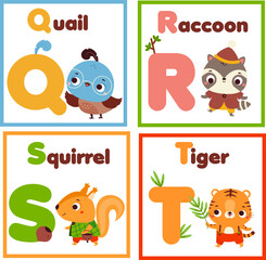 Kids Zoo english alphabet set. Children animals alphabet form letters Q to T Cute quail, raccoon, squirrel, and tiger educational cards for elementary school