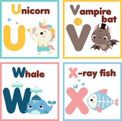 Kids Zoo english alphabet set. Children animals alphabet form letters U to X Cute unicorn, vampire bat, whale and x-ray fish educational cards for elementary school