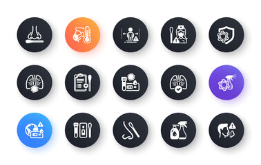 Covid Test icons. Nasal swab and Blood testing. Social Distance, Hand Sanitizer, Rapid Antigen Test icons. Coronavirus protection, Pneumonia virus. Nose with cotton swab. Circle web buttons. Vector