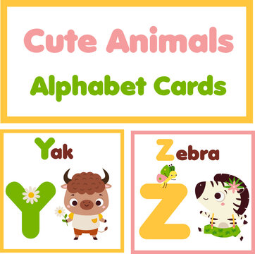 Kids Zoo english alphabet set. Children animals alphabet form letters Y to Z Cute yak and zebra educational cards for elementary school