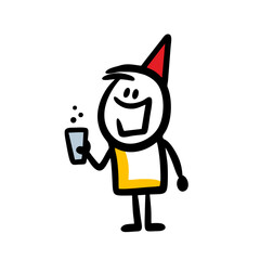 Happy little kid on the children party in top hat holding a glass with sparkling water.