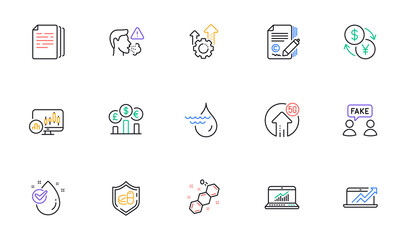 Medical tablet, Cough and Water drop line icons for website, printing. Collection of Currency exchange, 5g upload, Online statistics icons. Hydroelectricity, Currency rate. Vector