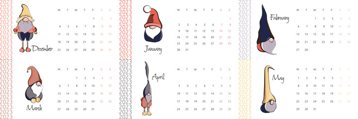 Calendar for the winter and spring months of 2023 with cartoon vector dwarves. Polygraphy of calendars