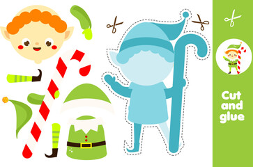 creative children educational game. Paper cut and paste activity. Make a cute Christmas elf with glue and scissors - 545927092