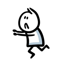 Scared doodle character running fast from the danger with unhappy grin on the face.