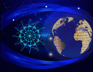 Horizontal technology and scientific background with sky stars glob and scientific logo - obrazy, fototapety, plakaty
