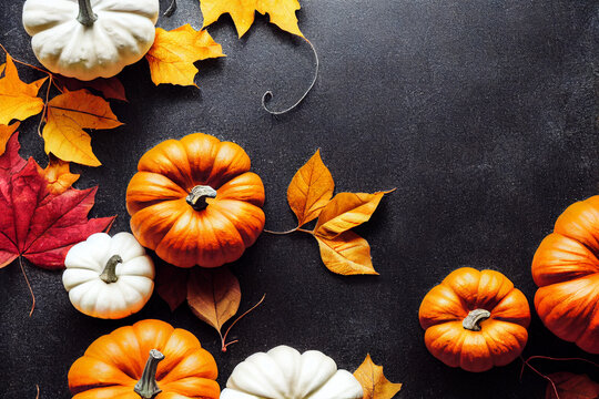 Autumn Corner Border Of Pumpkins And Silver On A Black Slate Background With Copy Space