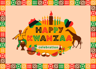 Happy Kwanzaa holiday background. African American culture festival. Colorful bright background for greeting card, invitation, wrapping paper  with text Happy Kwanzaa and candles.