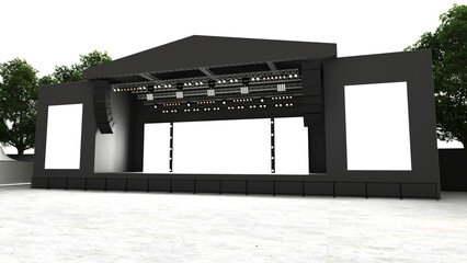 Stage rigging truss system with blank backdrop concert  performance. High resolution image. 3D Rendering.