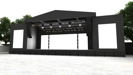 Fotobehang Stage rigging truss system with blank backdrop concert  performance. High resolution image. 3D Rendering. © adobedesigner