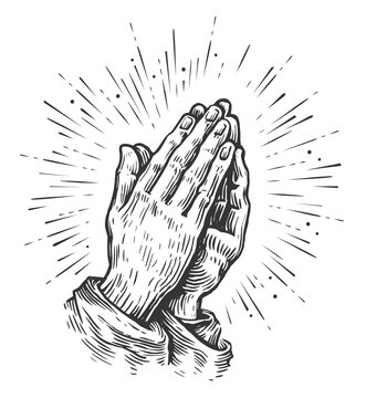 Praying Hands. Human Hands Folded In Prayer In Vintage Engraving Style. Pray Symbol