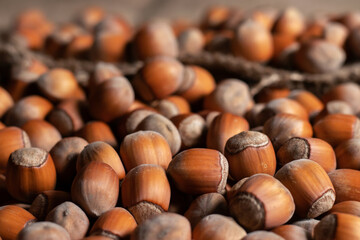 close up of hazelnuts on wooden table, top view
