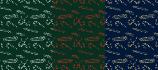 Christmas seamless pattern on green and blue backgrounds with Christmas sweets