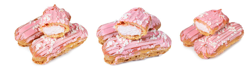 Traditional french eclairs with pink chocolate on white