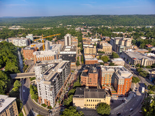 Fototapeta na wymiar June 26 2022, Early morning aerial summer image of the area surrounding the City of Ithaca, NY, USA 