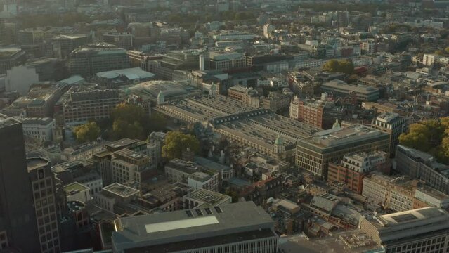 Circling aerial shot of London Farringdon Smithfield meat market