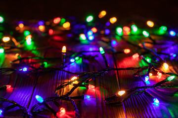 Christmas background with lights and free text space. Christmas lights border.