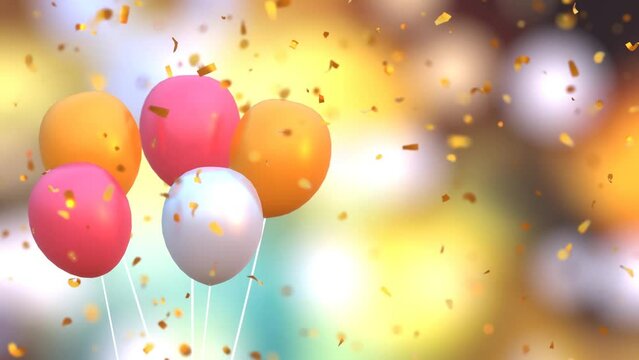 Happy birthday congratulation video, balloons and golden confetti on abstract background. Anniversary celebration animation
