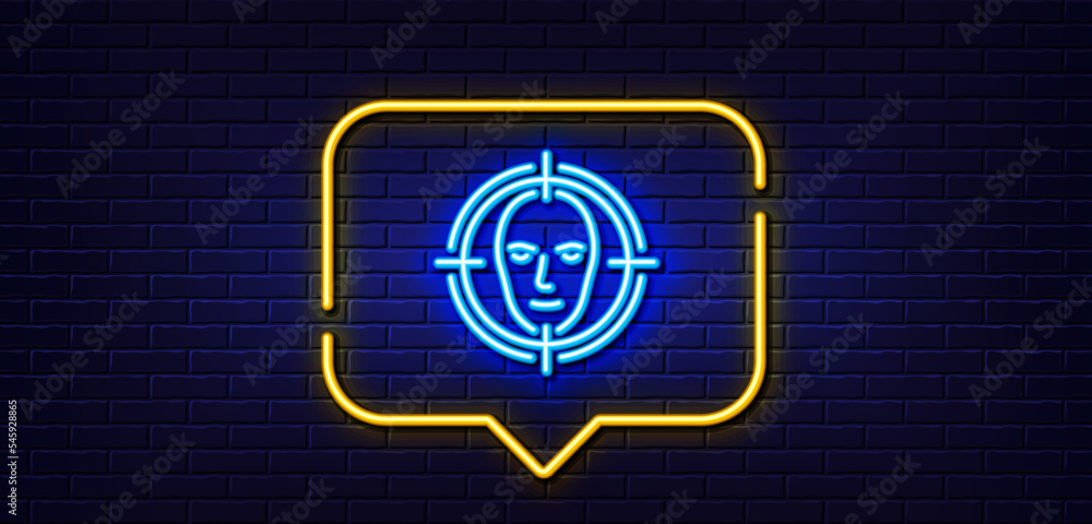 Poster neon light speech bubble. face detect target line icon. head recognition sign. identification symbol