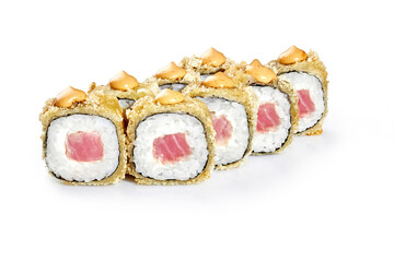 Deep-fried sushi rolls with tuna and cream cheese with tahini sauce