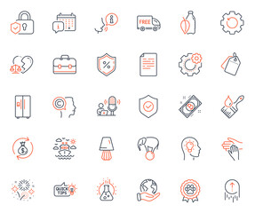 Business icons set. Included icon as Fireworks, Save planet and Chemistry lab web elements. Ship travel, Bitcoin, Recovery gear icons. Portfolio, Free delivery, Volunteer web signs. Vector