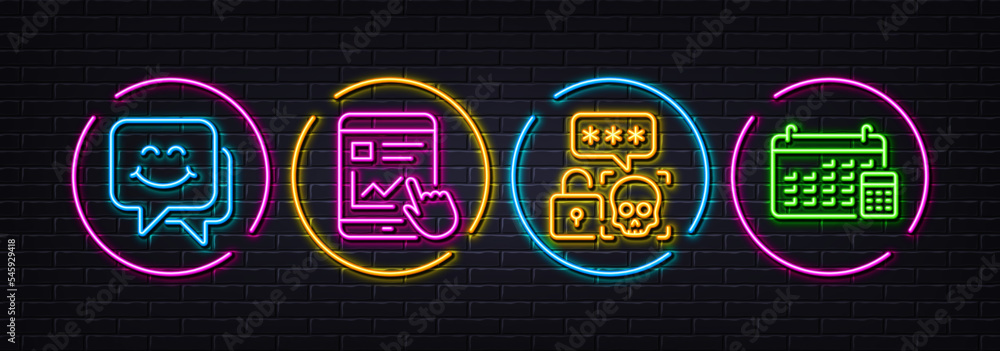 Poster cyber attack, internet report and smile face minimal line icons. neon laser 3d lights. calendar icon