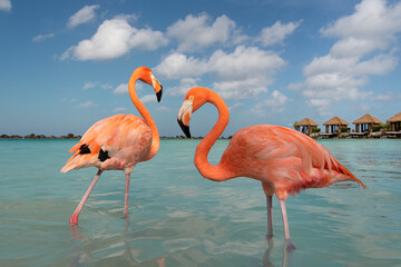 Two pink flamingo birds in blue water on a blue sky in a tropical surrounding
