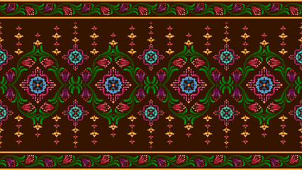 Fabric pixel ethnic seamless pattern decoration design. Aztec fabric carpet boho mandalas textile decor wallpaper. Tribal native motif ornaments traditional embroidery vector background 