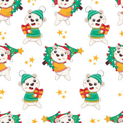 Seamless pattern with cute cartoon polar bears in winter sweaters getting ready for the new year, carrying gifts and Christmas trees